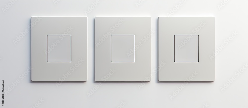 Photo of three white switches on a white wall with copy space with copy space Photo of three white switches on a white wall with copy space with copy space