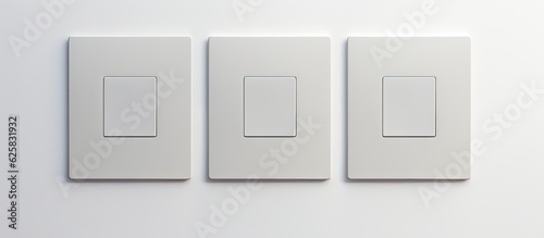 Photo of three white switches on a white wall with copy space with copy space
