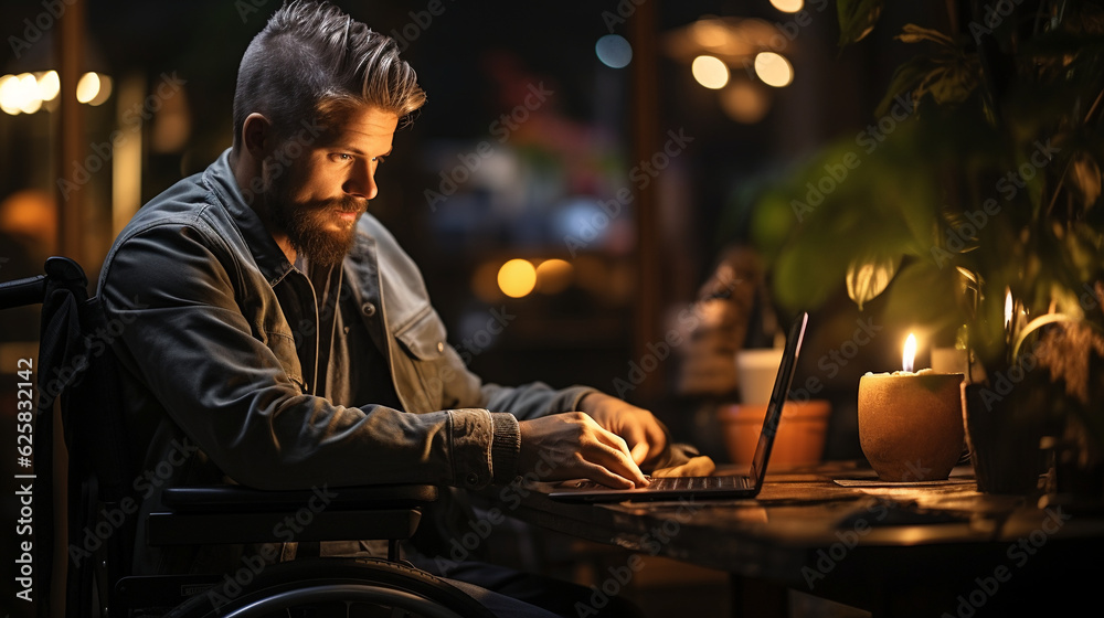 Young man in a wheelchair communicates via laptop. Generative AI Young man in a wheelchair communicates via laptop. Generative AI