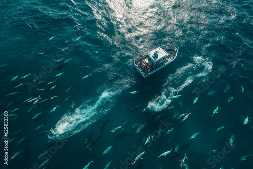 drone shot of a small boat directly from above facing a huge shark. Ocean