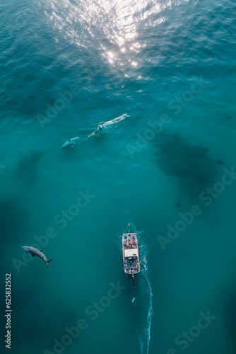 drone shot of a small boat directly from above facing a huge shark. Ocean