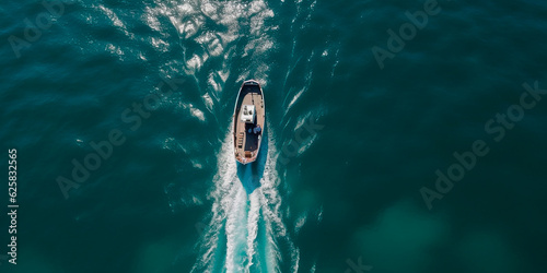 drone shot of a small boat directly from above facing a huge shark. Ocean © epiximages