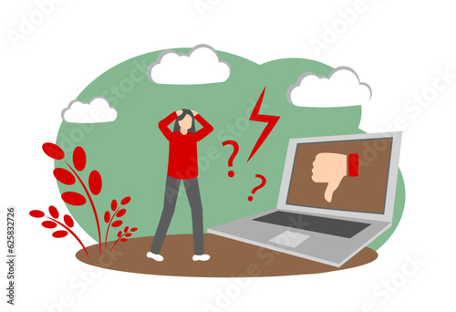 Bullying on social networks. Haters, hate. The woman is horrified by the haters. Vector image on a white background.