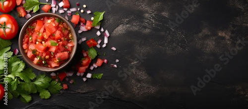 Photo of chopped tomatoes and parsley on a black background with copy space with copy space