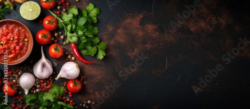Photo of a vibrant and healthy vegetable spread with a delicious sauce with copy space