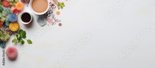 Photo of two cups of coffee on a clean white table with copy space