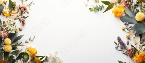 Photo of a bouquet of colorful flowers on a clean white background with copy space