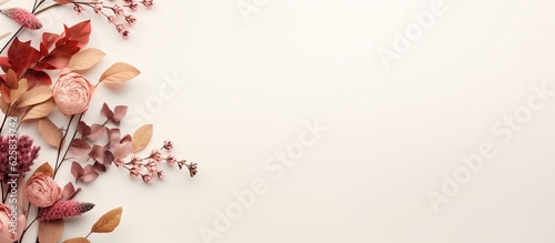 Photo of beautiful pink flowers and leaves on a clean white background with copy space