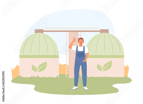 Young farmer standing in biomaterial processing farm. Concept of rational use of natural energy for domestic needs. Care for environment. Environmentally conscious living. Flat vector illustration
