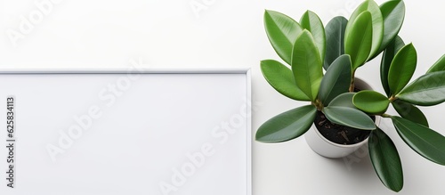 Photo of a minimalistic potted plant against a white wall with ample copy space with copy space