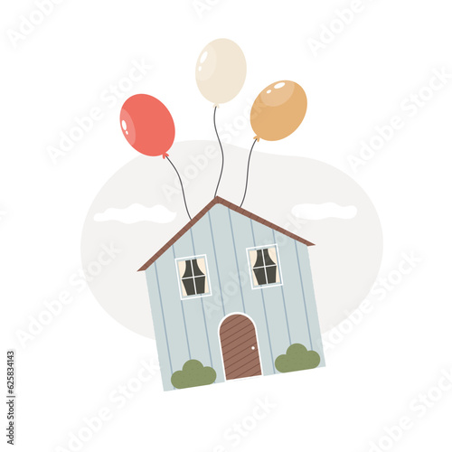 Vector illustration with a flying building, cottage carrying by balloons. Relocation, moving concept.