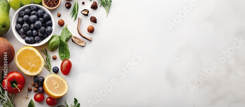 Photo of colorful assortment of fruits and vegetables on a clean white background with copy space photo