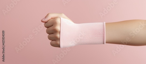 Photo of a hand with a bandage holding an object against a blank background with copy space