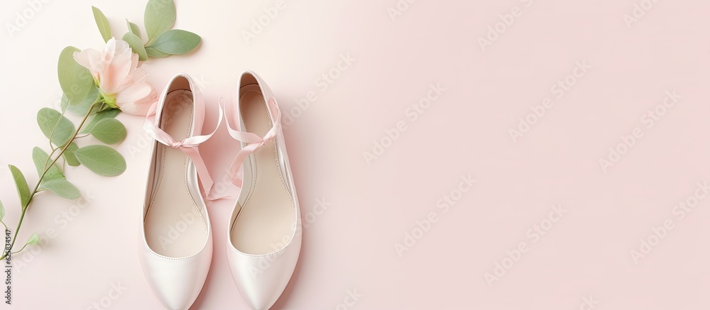 Photo of a pair of white ballet shoes next to a pink flower with copy space