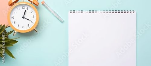 Photo of a notepad and alarm clock on a desk with copy space for your ideas and reminders with copy space photo