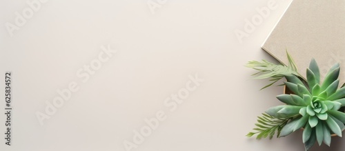 Photo of a green plant sitting on top of a white wall with plenty of copy space with copy space