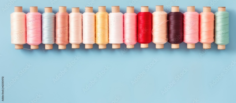 Photo of a colorful row of spools of thread against a vibrant blue background with copy space Photo of a colorful row of spools of thread against a vibrant blue background with copy space