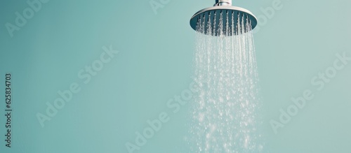 Photo of a refreshing shower with water flowing from the shower head with copy space photo