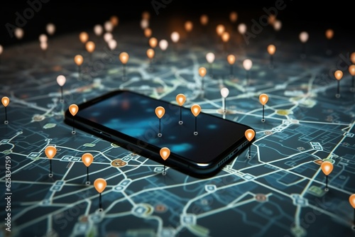 Man using GPS map on mobile app to locate address in city, representing smart logistics and global business technology.