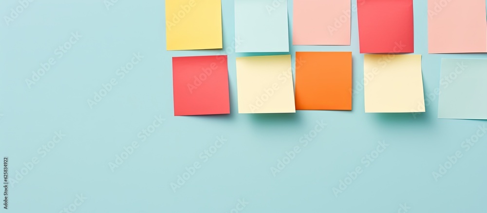 Photo of colorful sticky notes pinned to a wall with empty space for your creative ideas with copy space