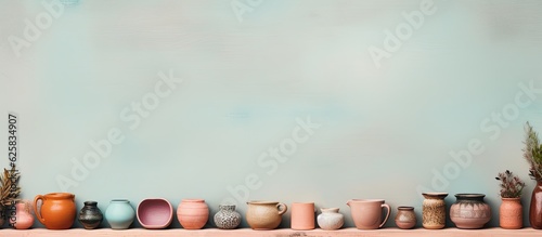 Photo of a table adorned with a row of beautifully crafted vases with copy space