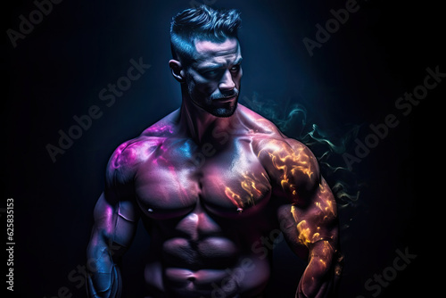 Sportive man bodybuilder is posing in the colorful neon light with naked muscular torso showing chest, abdominal muscles in neon studio light. Ai generated. © zamuruev