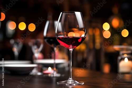 wine glasses lined up on a dark bar, in the style of light crimson and dark brown