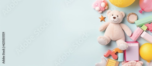 Photo of a cute teddy bear surrounded by colorful balloons and other party decorations with copy space