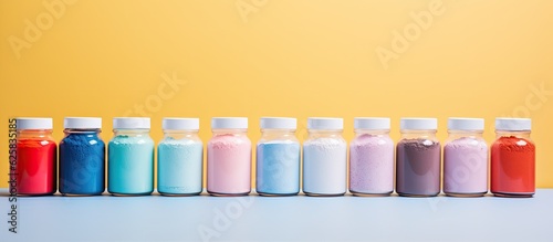 Photo of colorful bottles filled with various liquids with copy space