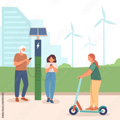 Male and woman charging phone near station with solar panel. Female riding kick scooter. Concept of rational use of natural energy for domestic needs. Eco-technology for electricity generation