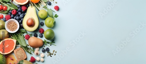 Photo of a colorful assortment of fruits and vegetables on a vibrant blue background with copy space