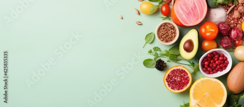 Photo of a colorful assortment of fruits and vegetables on a vibrant green background with copy space