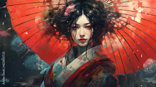 Generative ai. Attractive geisha in black kimono with flowers. High quality illustration