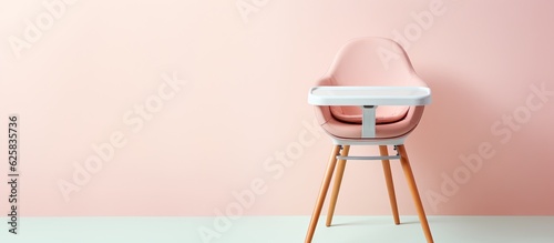 Photo of a babys high chair against a vibrant pink wall with plenty of space for copy with copy space photo