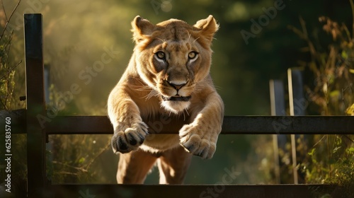 a lioness jumps over a fence, much forest, brandenburg, berlin