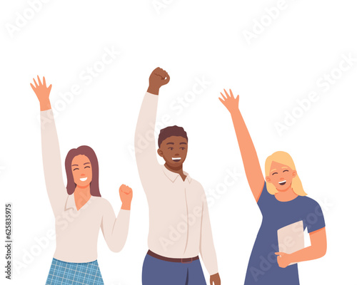 Female and man rejoices together. Happy students exult. Team celebrates victory. Successful completion of group task. Department receives remuneration for work. Flat vector illustration
