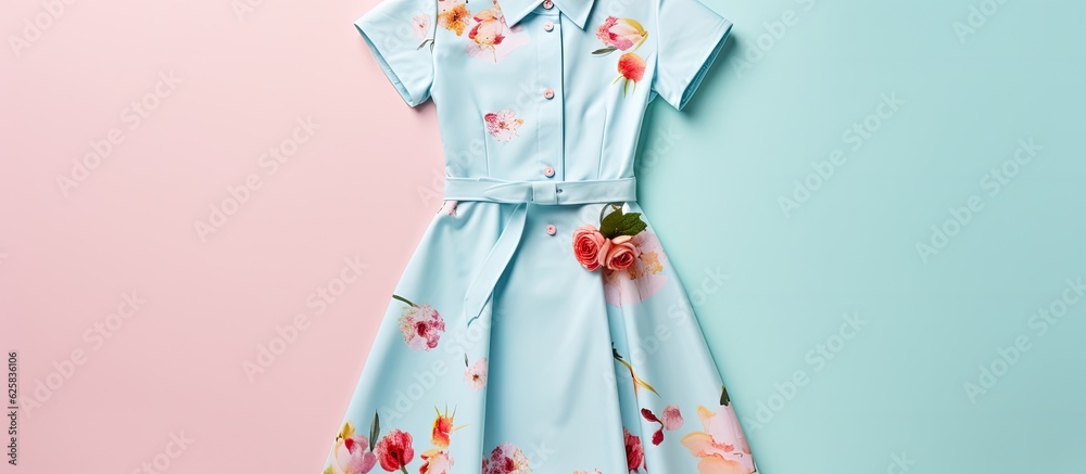 Photo of a beautiful blue dress with a vibrant floral print with copy space Photo of a beautiful blue dress with a vibrant floral print with copy space