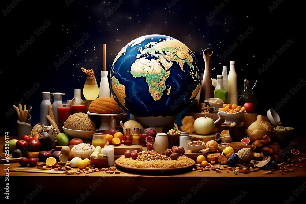 globe of planet earth on table gnawed with fresh and dry food. healthy food set. Set of food on the table