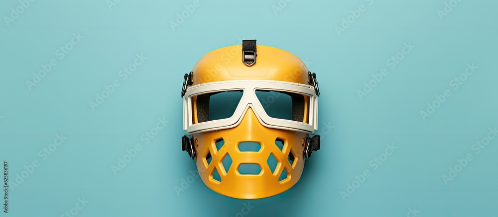 Photo of a yellow helmet with goggles on a vibrant blue background, perfect for outdoor adventures with copy space Photo of a yellow helmet with goggles on a vibrant blue background, perfect for outdoor adventures with copy space
