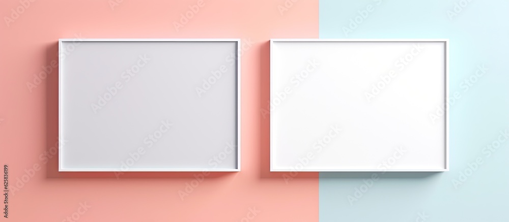 Photo of two contemporary white square frames on a vibrant pink and blue wall with copy space Photo of two contemporary white square frames on a vibrant pink and blue wall with copy space