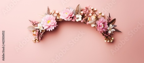 Photo of a pink wall with a beautiful flower crown as a focal point with copy space