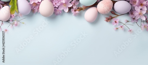 Photo of colorful flowers and decorated eggs on a vibrant blue background with copy space