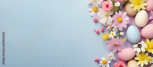 Photo of colorful Easter decorations on a blue background with copy space