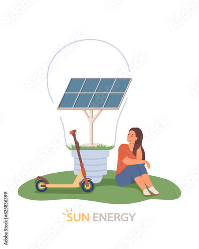 Female sitting near solar panel and kick scooter. Consumption of solar panel at home. Concept of rational use of natural energy for domestic needs. Care for environment. Flat vector illustration