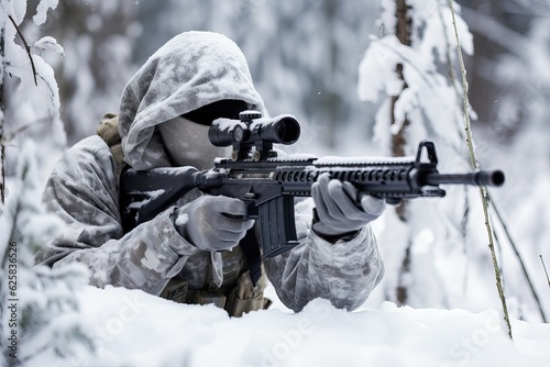 Military sniper in the winter forest aims at the enemy.. The concept of special operations behind enemy lines.