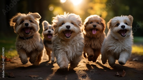 Adorable Playful Pups Running and Wagging in a Sunlight-Kissed Picturesque Park. Generative Ai. 