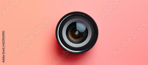Photo of a camera lens on a vibrant pink background with copy space photo