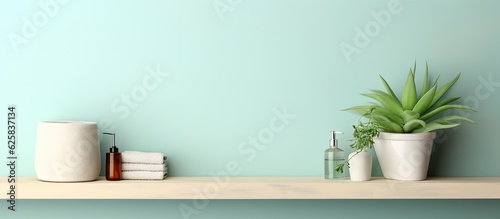 Photo of a shelf with a potted plant and bottles, offering a serene and minimalistic aesthetic with copy space