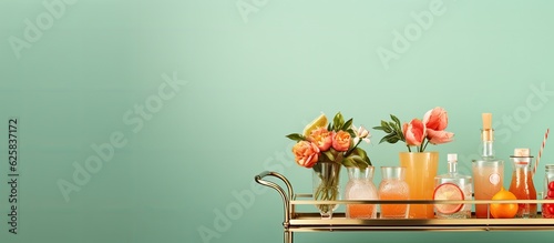 Photo of a well stocked bar cart with a variety of drinks for all tastes with copy space photo