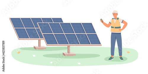 Male in uniform controlling process of installing solar panels. Consumption of solar panel at home. Concept of rational use of natural energy for domestic needs. Flat vector illustration